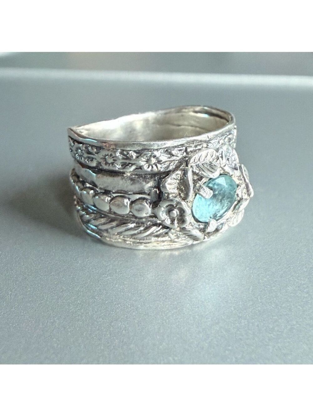 Aquamarine Floral Multiple Textured Detail Ornate Sterling Silver Wide B… - Picture 2 of 9